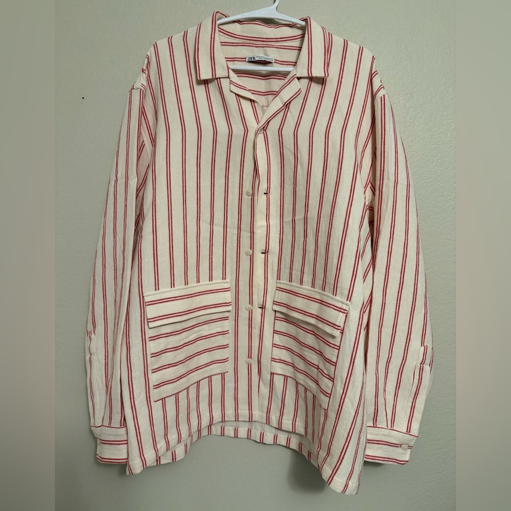 Zara Cream and Red Striped Casual Button-Down Shirt
